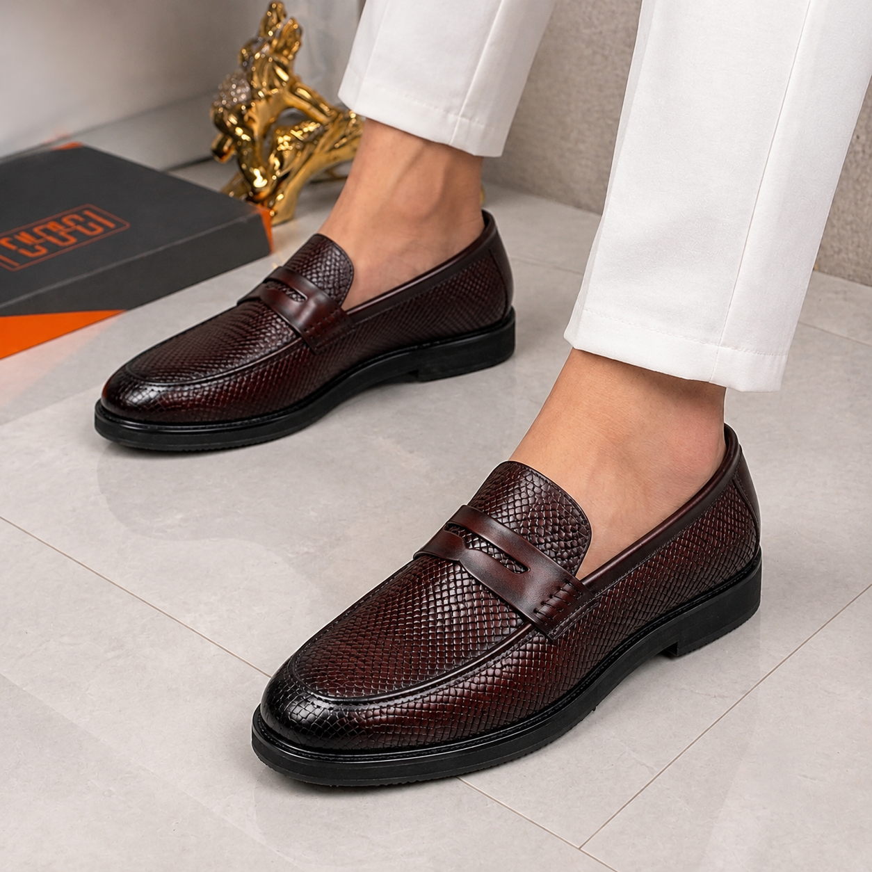 Burgundy Woven Loafers on Tile